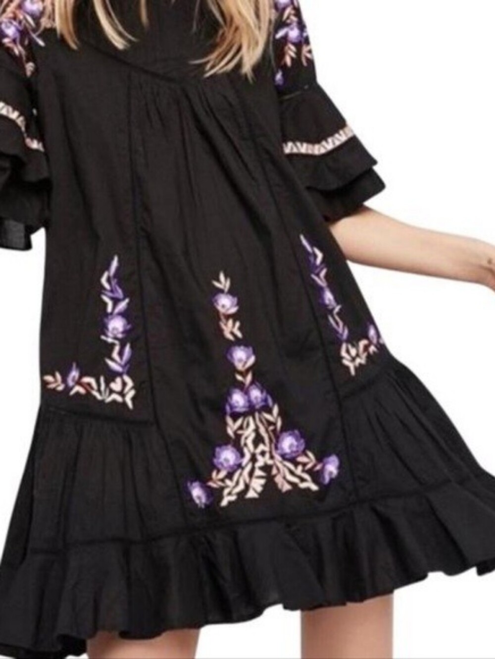 Free People Black Midi Dress with Purple & Peach Floral Embroidery
